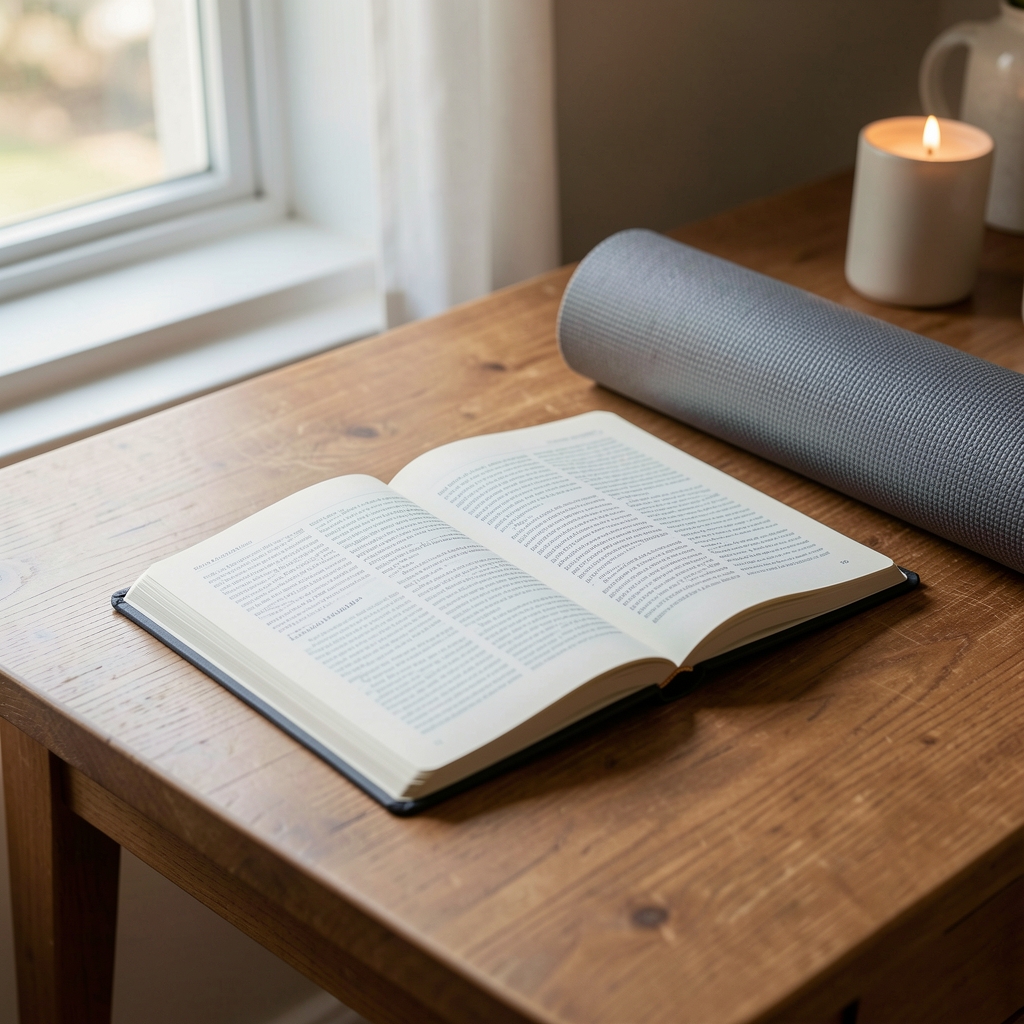 Editorial notebook open on a wooden desk next to a folded yoga mat, daylight from a window, slow morning composition