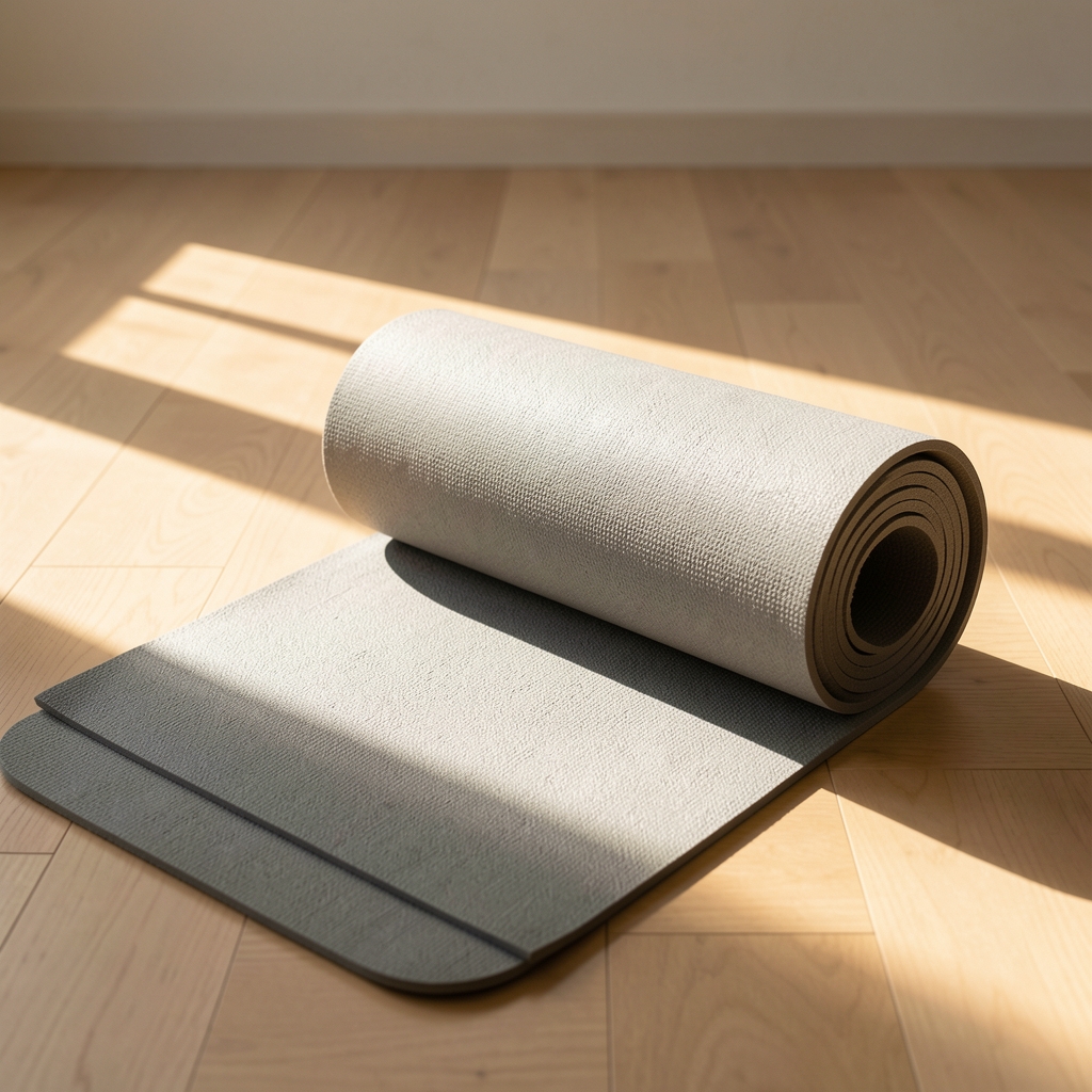 Studio shot of a yoga mat rolled out on a light wood floor, morning light casting long shadows across the surface