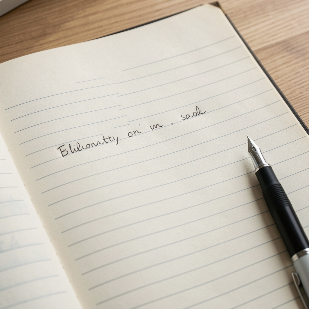 Close-up of a handwritten journal entry on lined paper with a pen resting beside it, natural daylight on the page