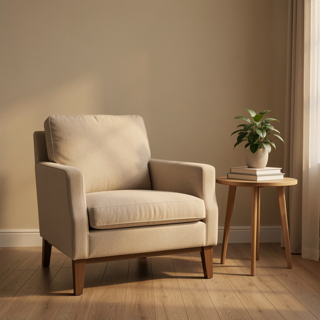 Quiet interior space with a single armchair, a stack of books, and a small plant on a side table in controlled warm light