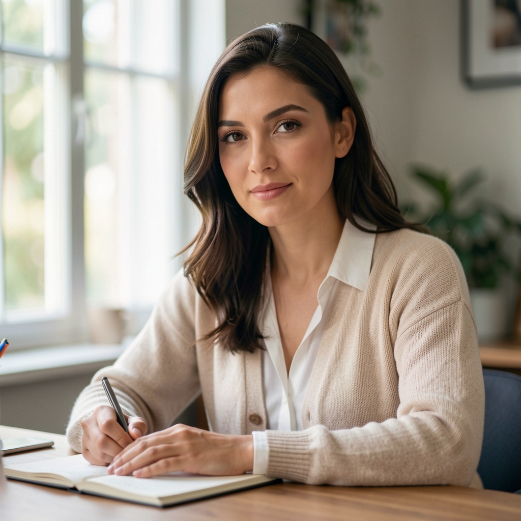 Editorial portrait of a woman at a writing desk, soft natural light from a window, calm composed expression