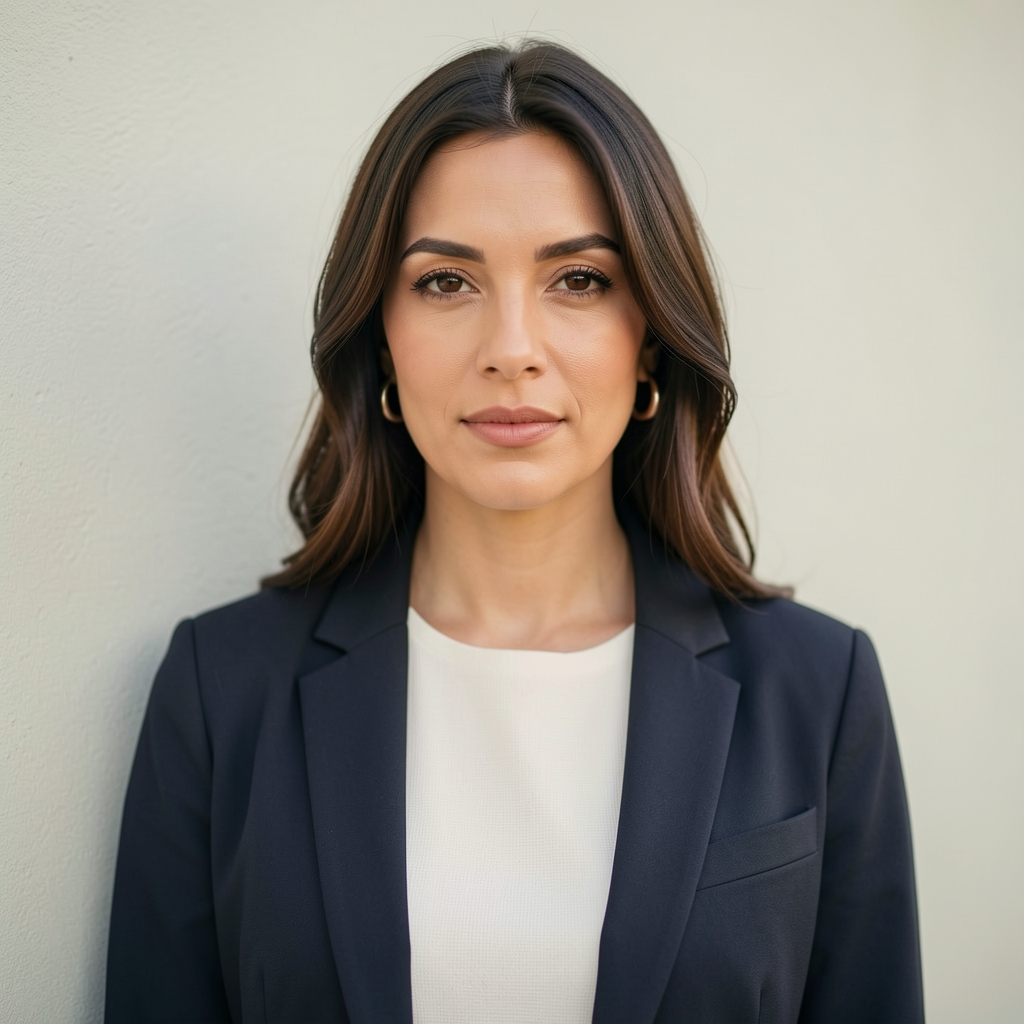 Editorial portrait of a woman standing against a plain light wall, direct gaze, minimal natural styling