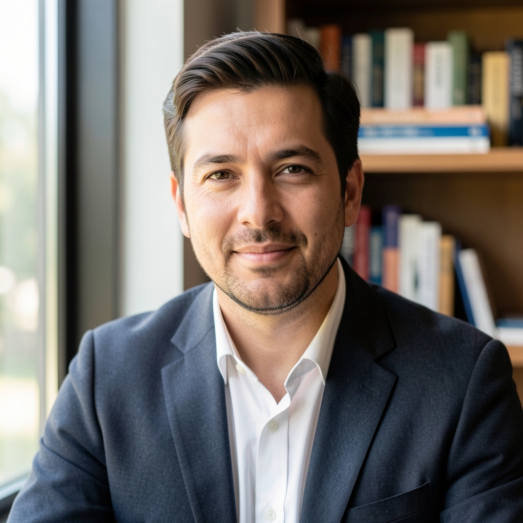 Editorial portrait of a man seated by a window, books visible on a shelf behind him, daylight and relaxed composure