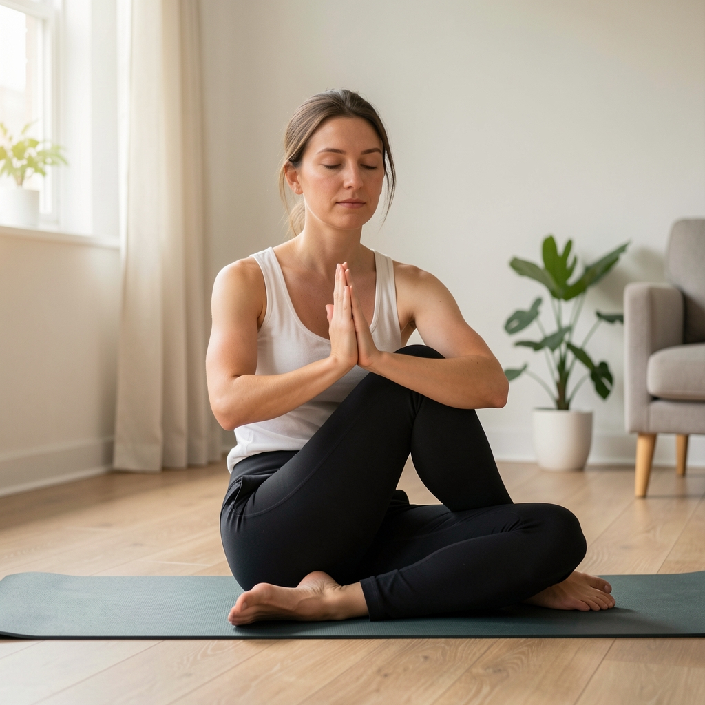 Person seated cross-legged on a yoga mat performing a spinal twist, calm natural light, minimal home setting