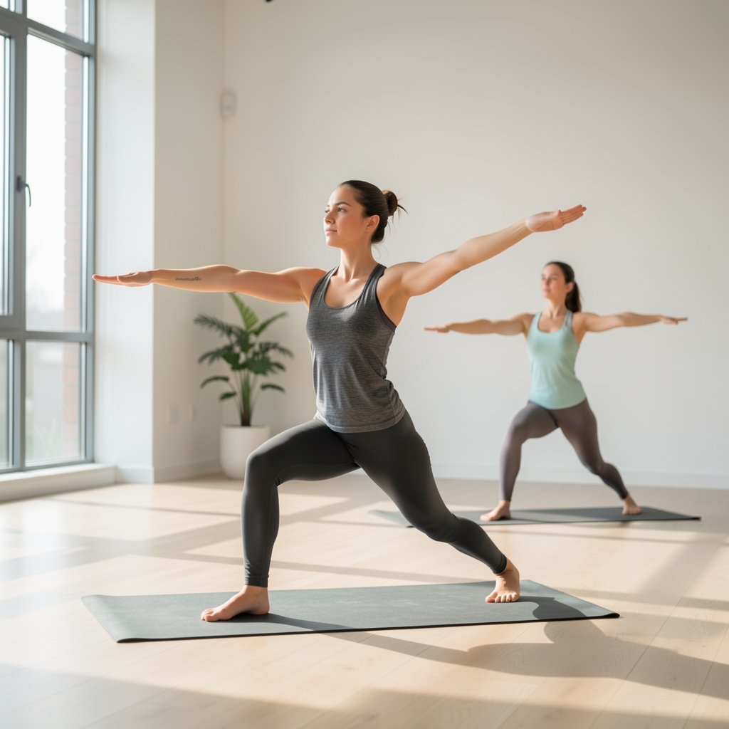Yoga practitioner in a morning flow sequence, soft natural light filling a minimal studio space