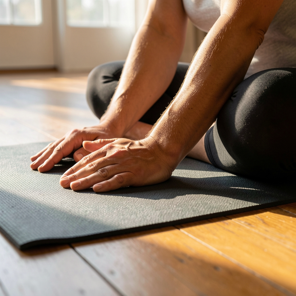 Close-up of hands in a seated forward fold on a yoga mat, morning light across wooden floor